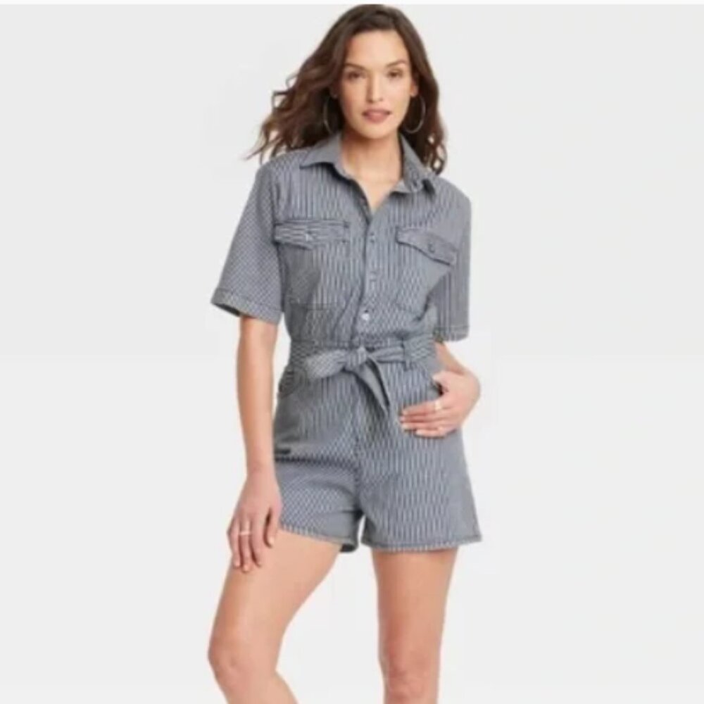 Universal Thread Blue Denim White Railroad Striped Romper